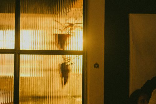 Free Artistic view of a dimly lit room through frosted glass, showcasing diffused lighting and soft plant silhouettes. Stock Photo