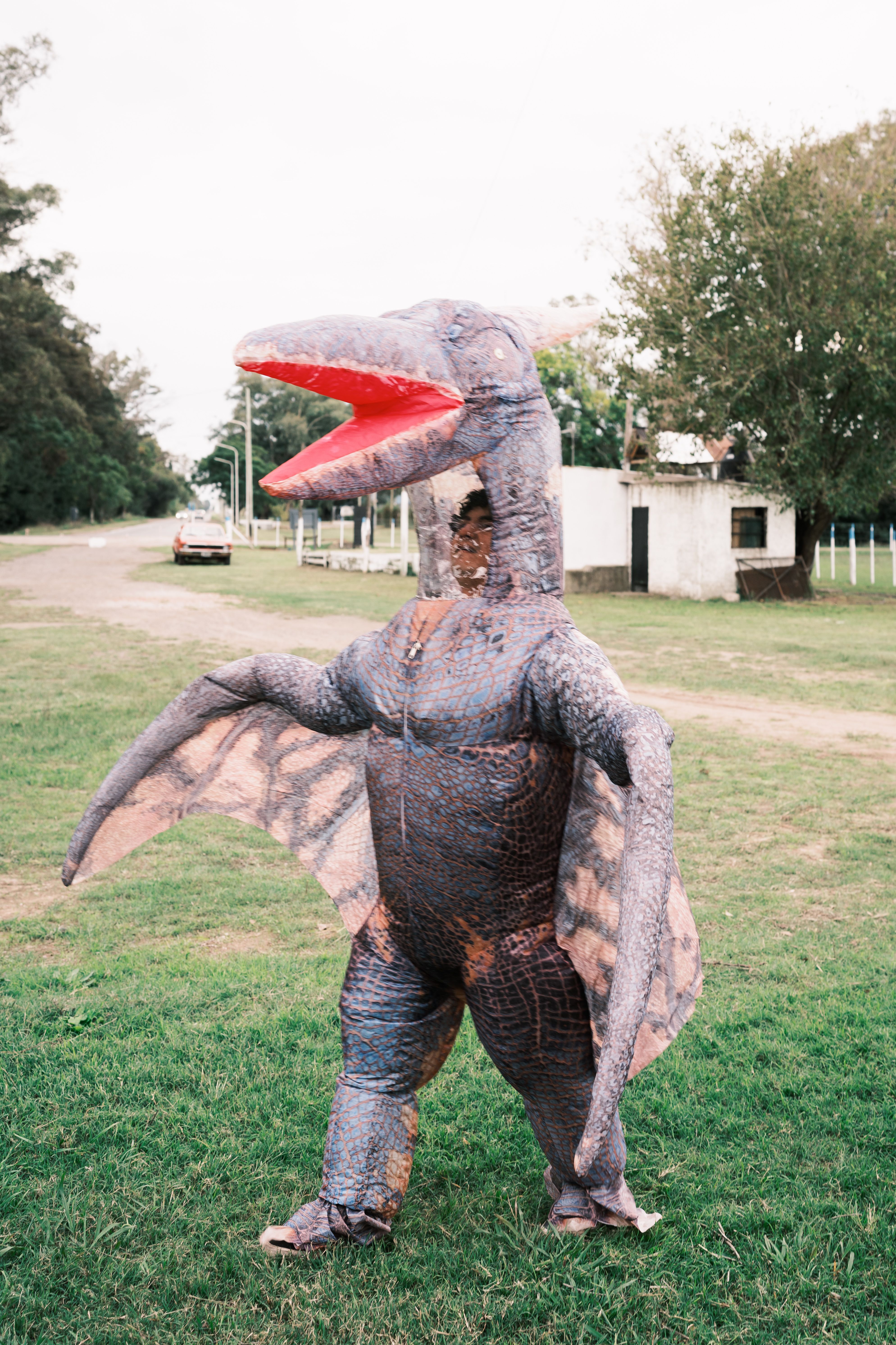 Playful scene with a person in a dinosaur costume in Uribelarrea, Argentina.