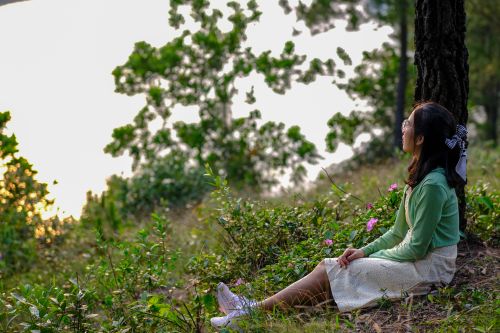 Free Young woman relaxing by a tree in Huế, Vietnam, enjoying the serene natural surroundings. Stock Photo