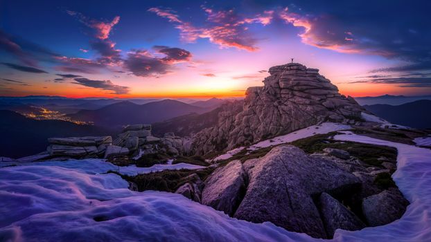 Stunning mountain landscape during sunset with snow-capped rocks and vibrant sky colors.