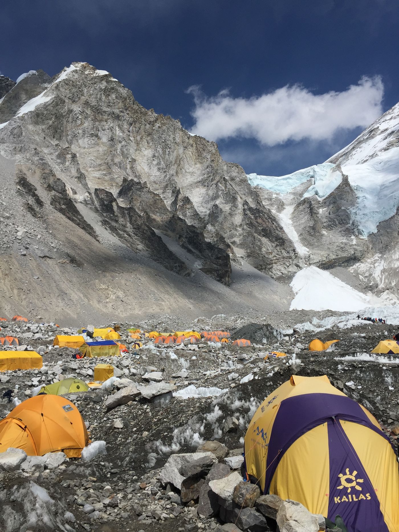 Brightly coloured tents at Everest Base Camp with Himalayan peaks behind, Khumjung, Nepal