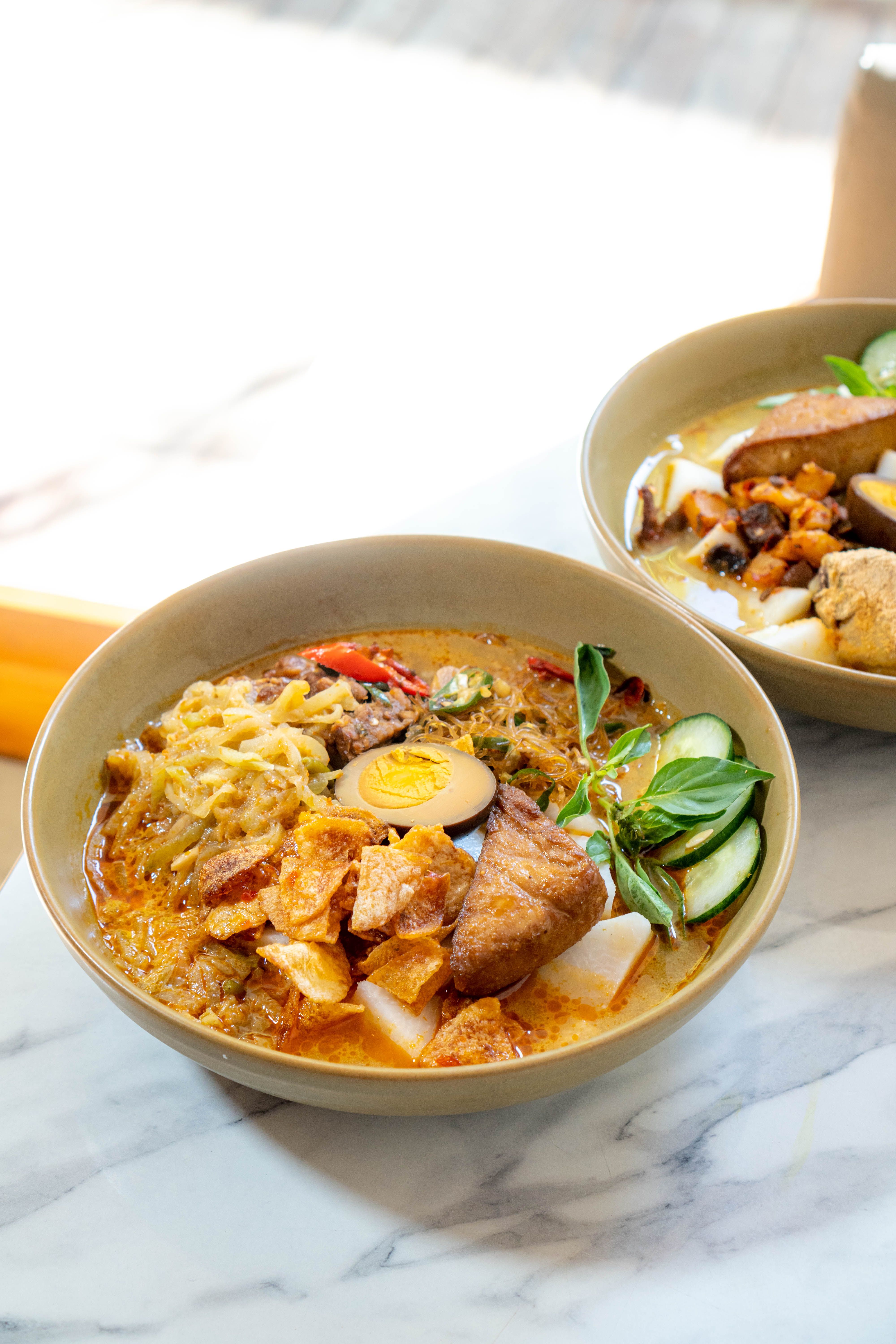 Delicious bowl of Sayur Lodeh with tofu and boiled egg highlights Indonesian flavors.
