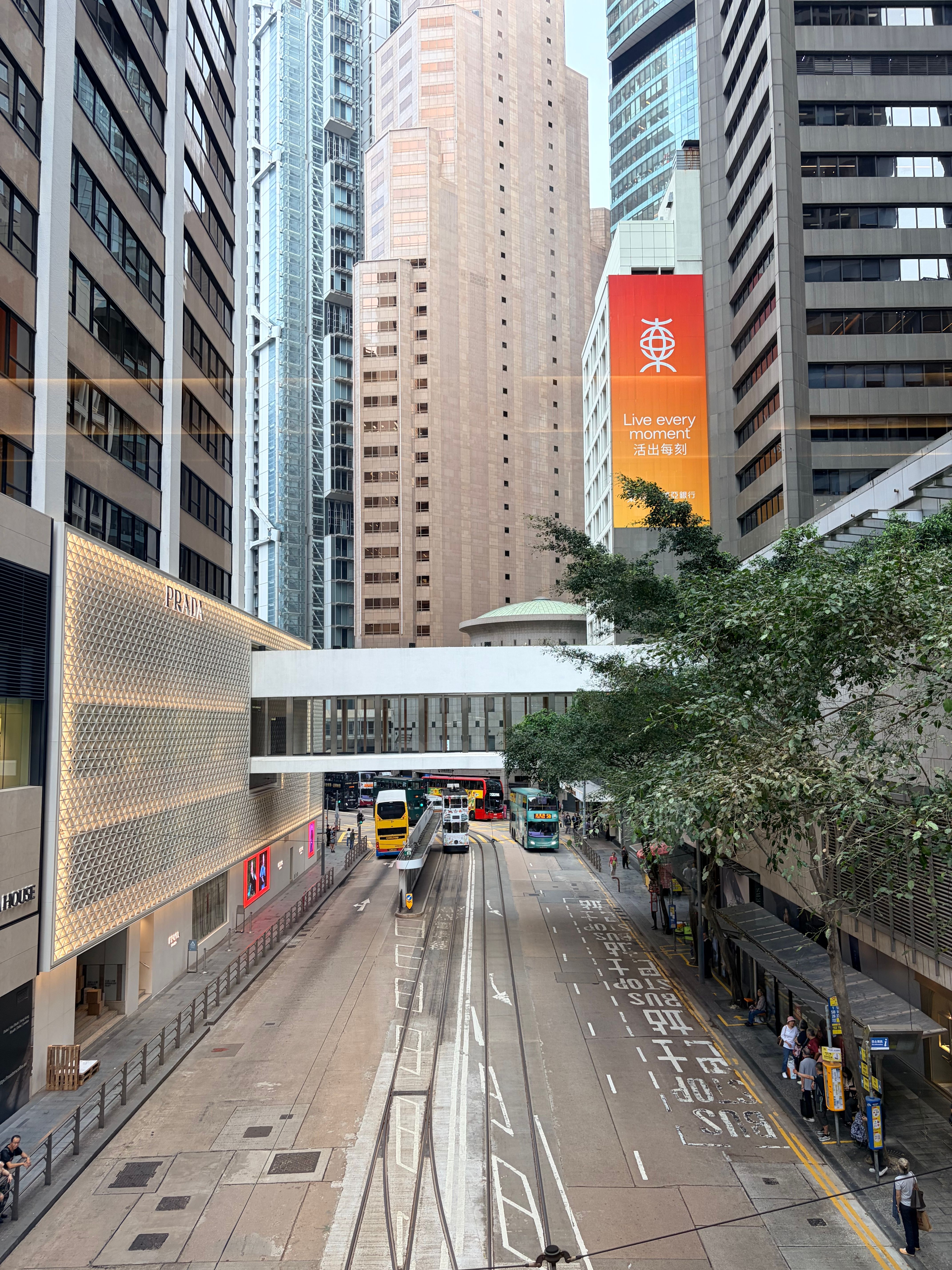 Vibrant street scene in Central Hong Kong featuring double-decker trams amidst skyscrapers.