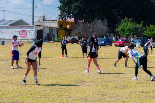 Free Exciting outdoor flag football game with youth players in Toluca de Lerdo, Mexico. Stock Photo