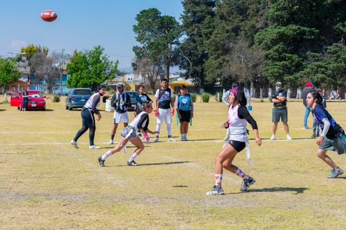 Free Dynamic group of teenagers playing flag football outdoors in Toluca, Mexico, showcasing teamwork and sportsmanship. Stock Photo