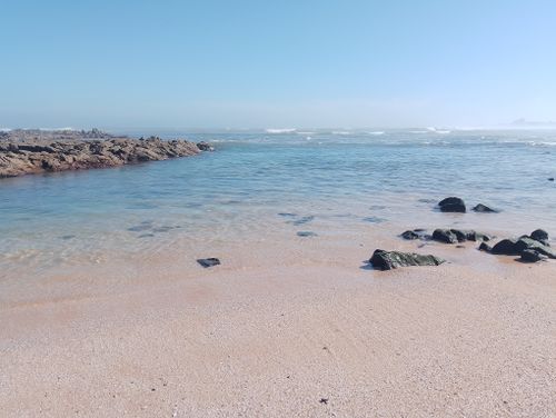 Free Tranquil sandy beach with clear blue skies and rocky formations. Stock Photo