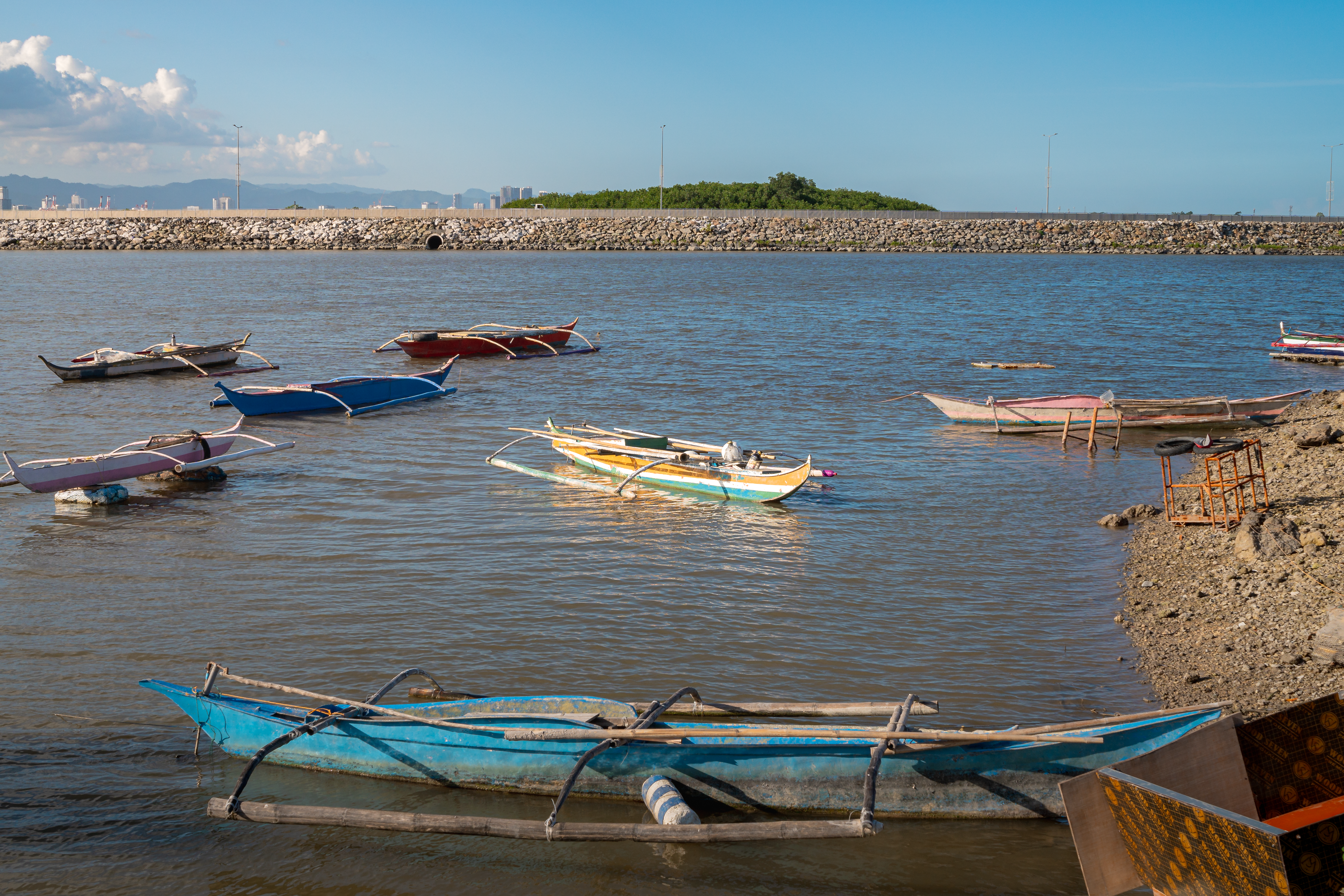 Colorful outrigger boats float in a serene harbor in Central Visayas, Philippines.
