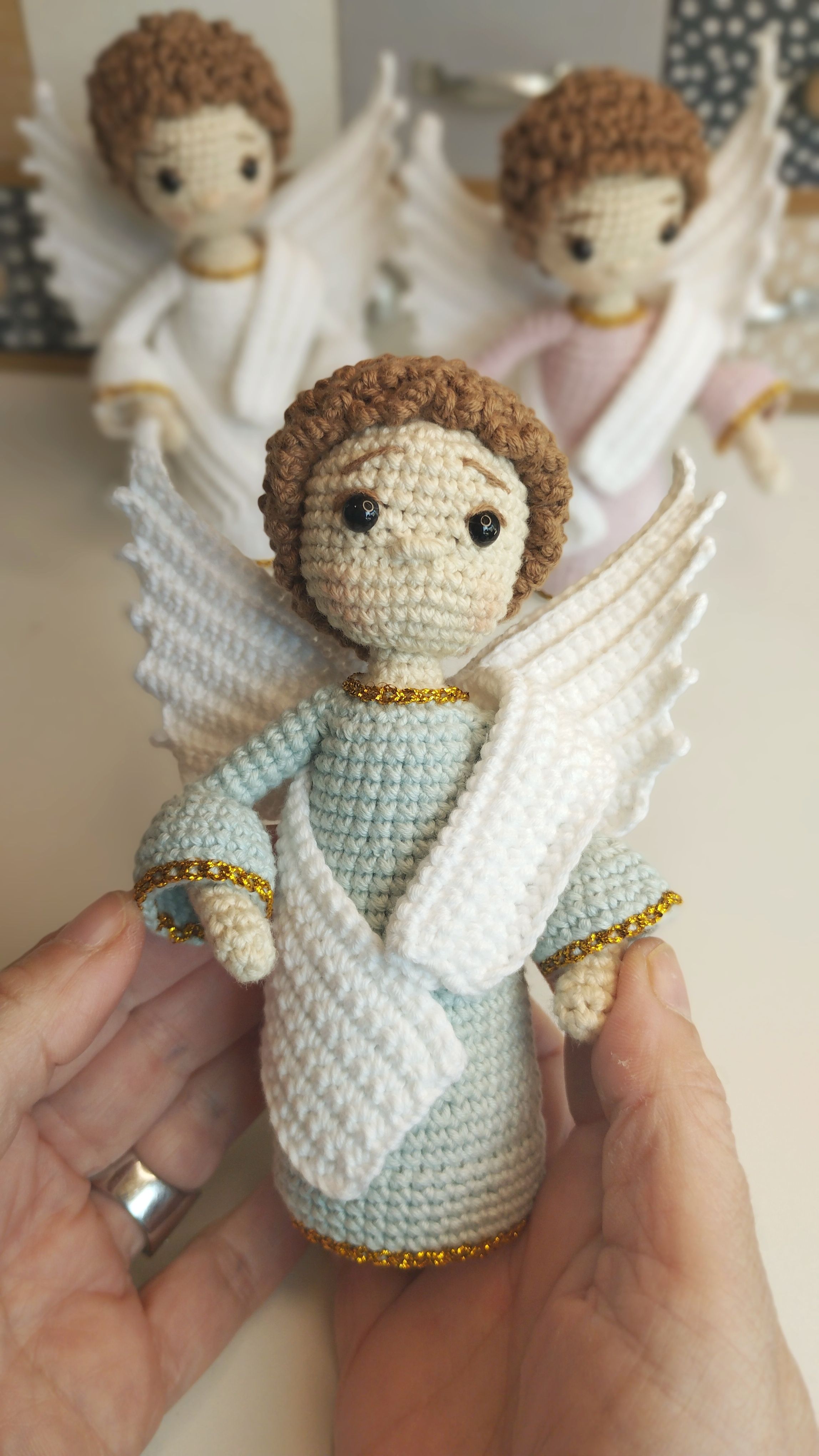 Retail ready amigurumi toys shown as finished handmade crochet dolls