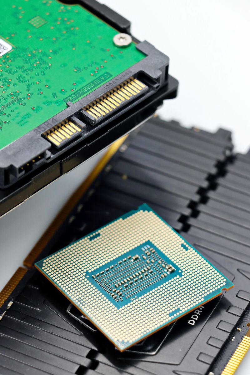 High-resolution close-up of a CPU processor, RAM sticks, and a hard drive, showcasing modern computer hardware.