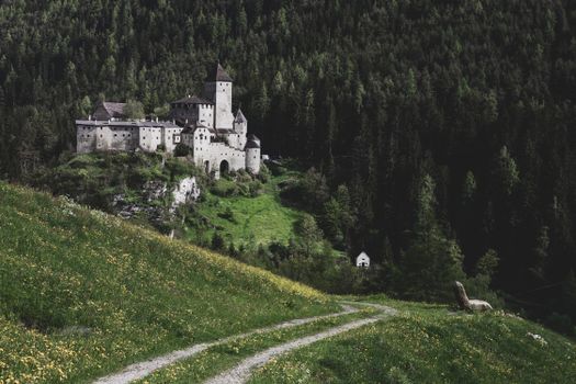 Stunning view of a medieval castle surrounded by lush greenery in a serene setting.