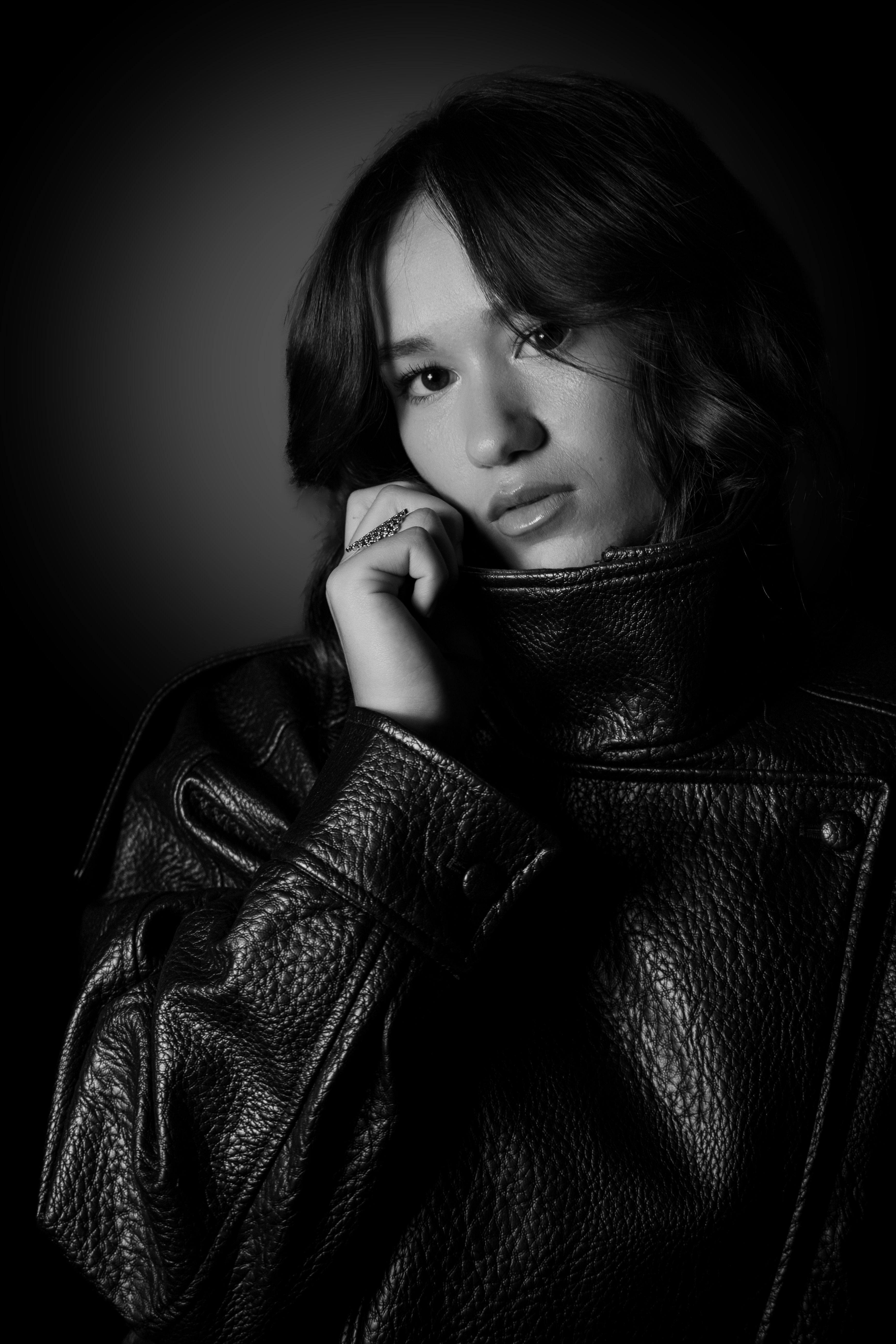 Black and White Portrait of Woman in Leather Jacket · Free Stock Photo