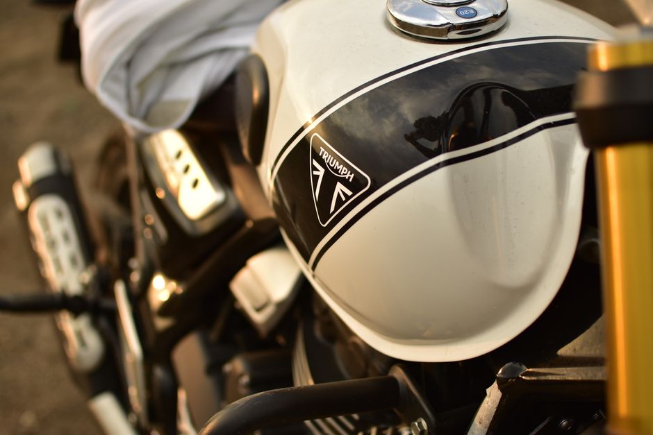 Detailed close-up of a classic Triumph motorcycle fuel tank in sunlight, showcasing the vintage design.