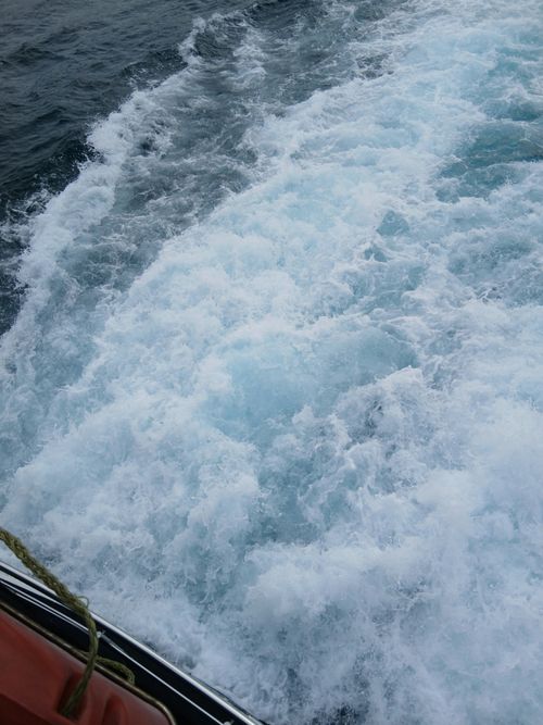 Free Capture of ocean waves trailing a boat, highlighting the water's dynamic movement. Stock Photo