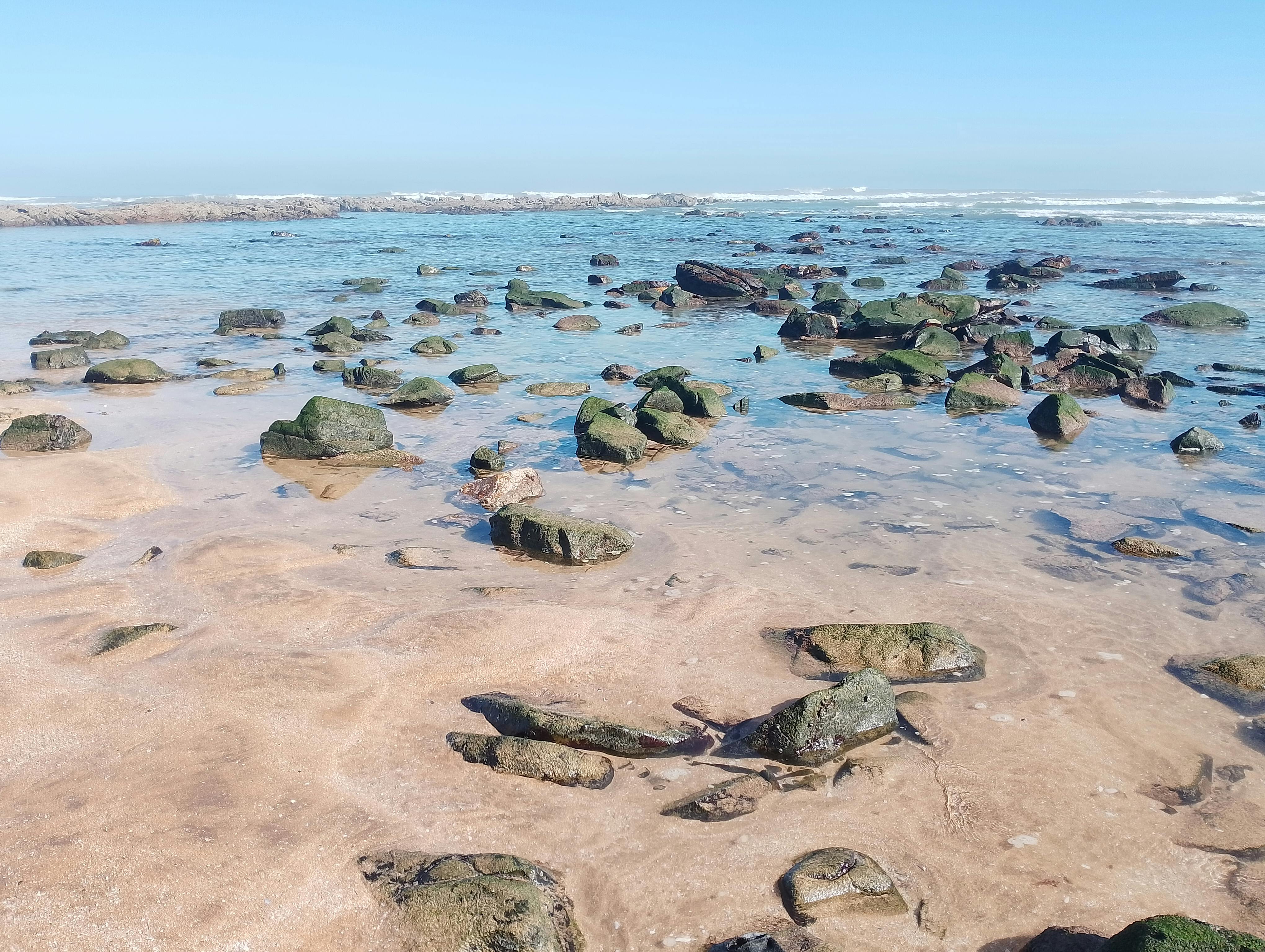 Explora una serena costa rocosa con marea baja, arena suave y olas suaves bajo un cielo azul claro.