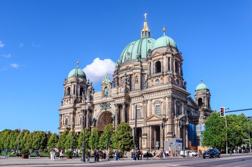 Free Beautiful shot of Berlin Cathedral highlighting its architectural grandeur under a clear blue sky. Stock Photo
