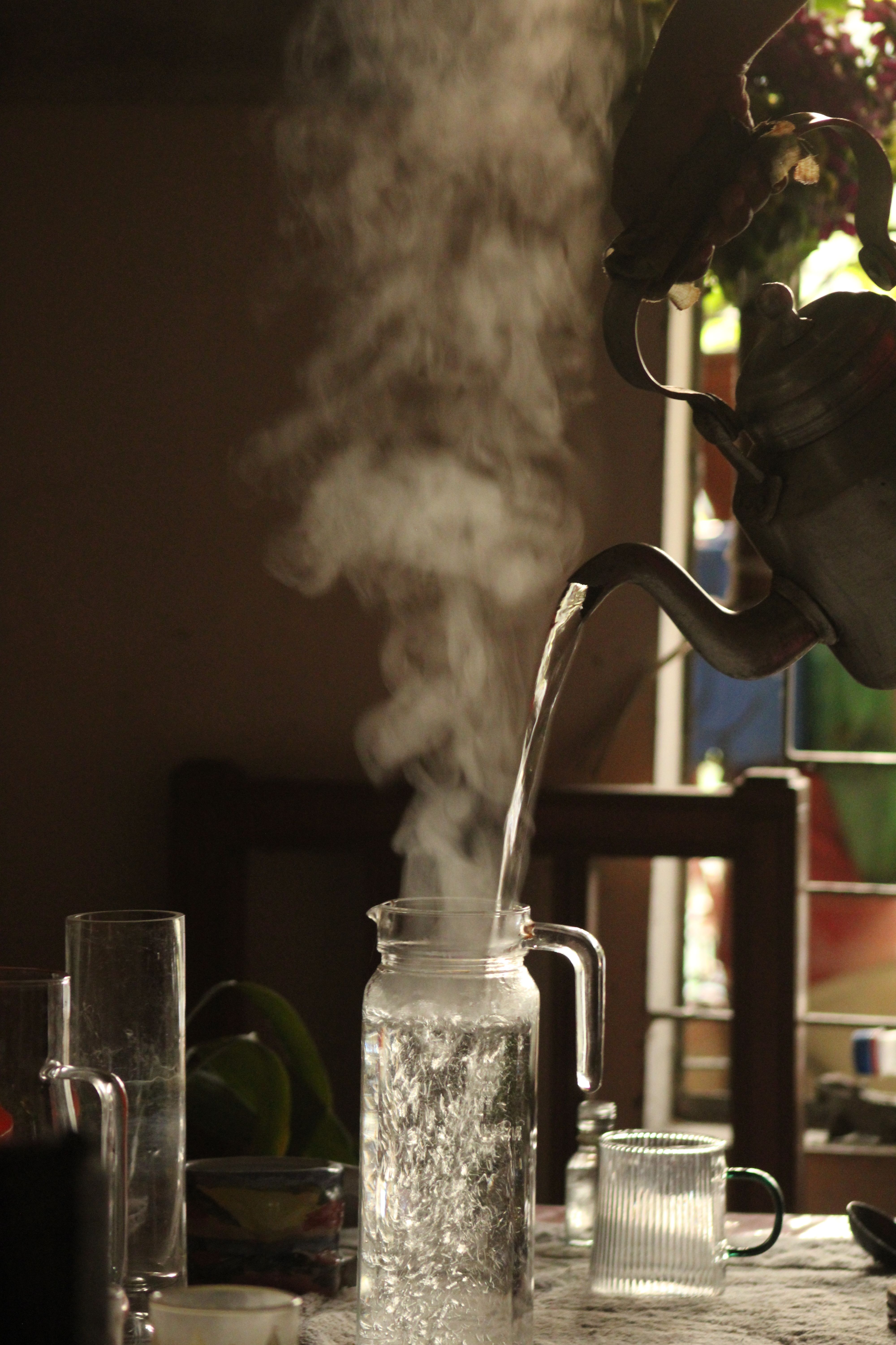 Glass of fresh saunf water infused with fennel seeds on a wooden table.