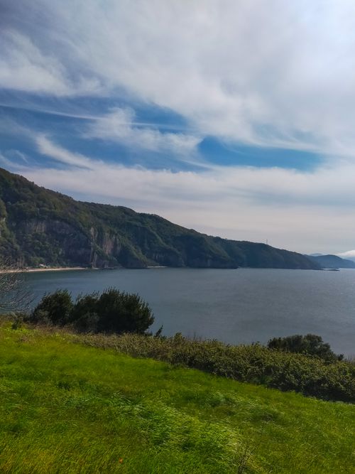 Free A stunning coastal view with grassy foreground and distant hills under a cloudy sky. Stock Photo