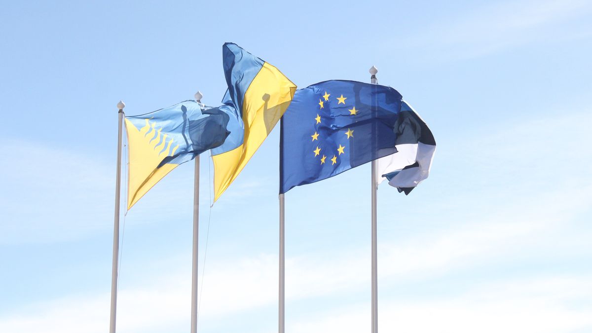 European Union and Estonian flags wave under a clear blue sky, symbolizing unity and harmony.