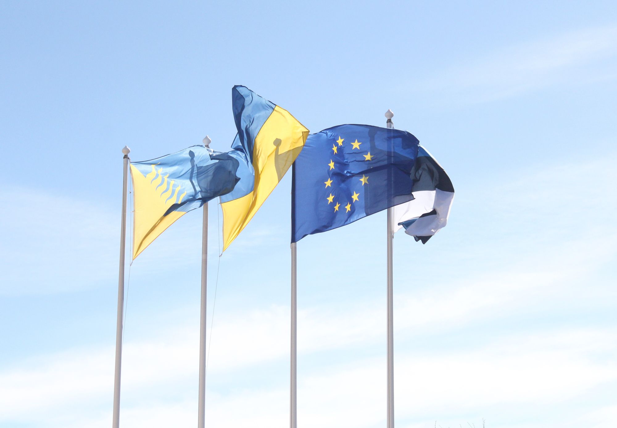 European Union and Estonian flags wave under a clear blue sky, symbolizing unity and harmony.