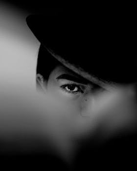 这幅引人入胜的黑白肖像描绘了一个人，其部分面容被阴影和帽子所遮掩