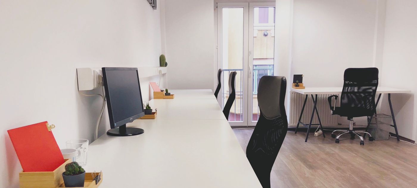 A bright modern co-working office with open desks — shared space with members rather than staff