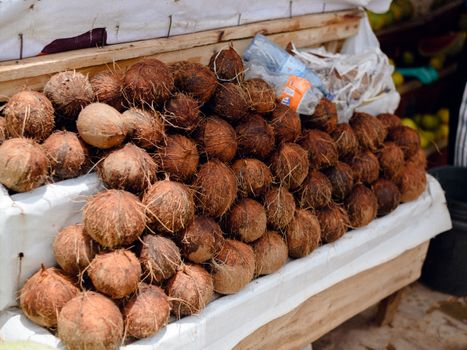 A pile of fresh coconuts on display at a market in Jos, Nigeria.