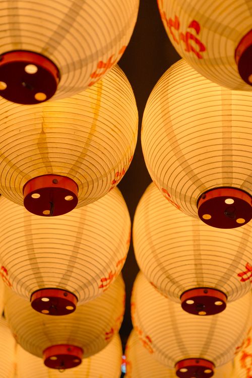 Free A captivating view of glowing Japanese lanterns overhead in Tokyo, Japan, evoking cultural charm. Stock Photo