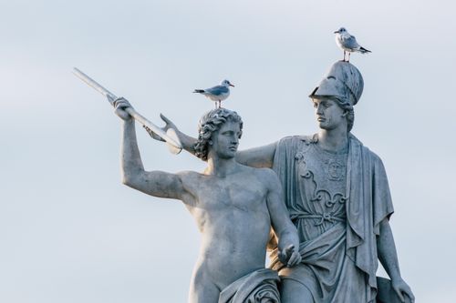 Free Seagulls perched on classical statues on a clear day, highlighting the blend of nature and art. Stock Photo