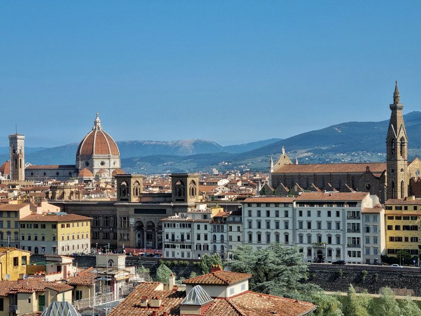 Stunning panorama of Florence's historic center featuring the Florence Cathedral and Santa Croce Church.