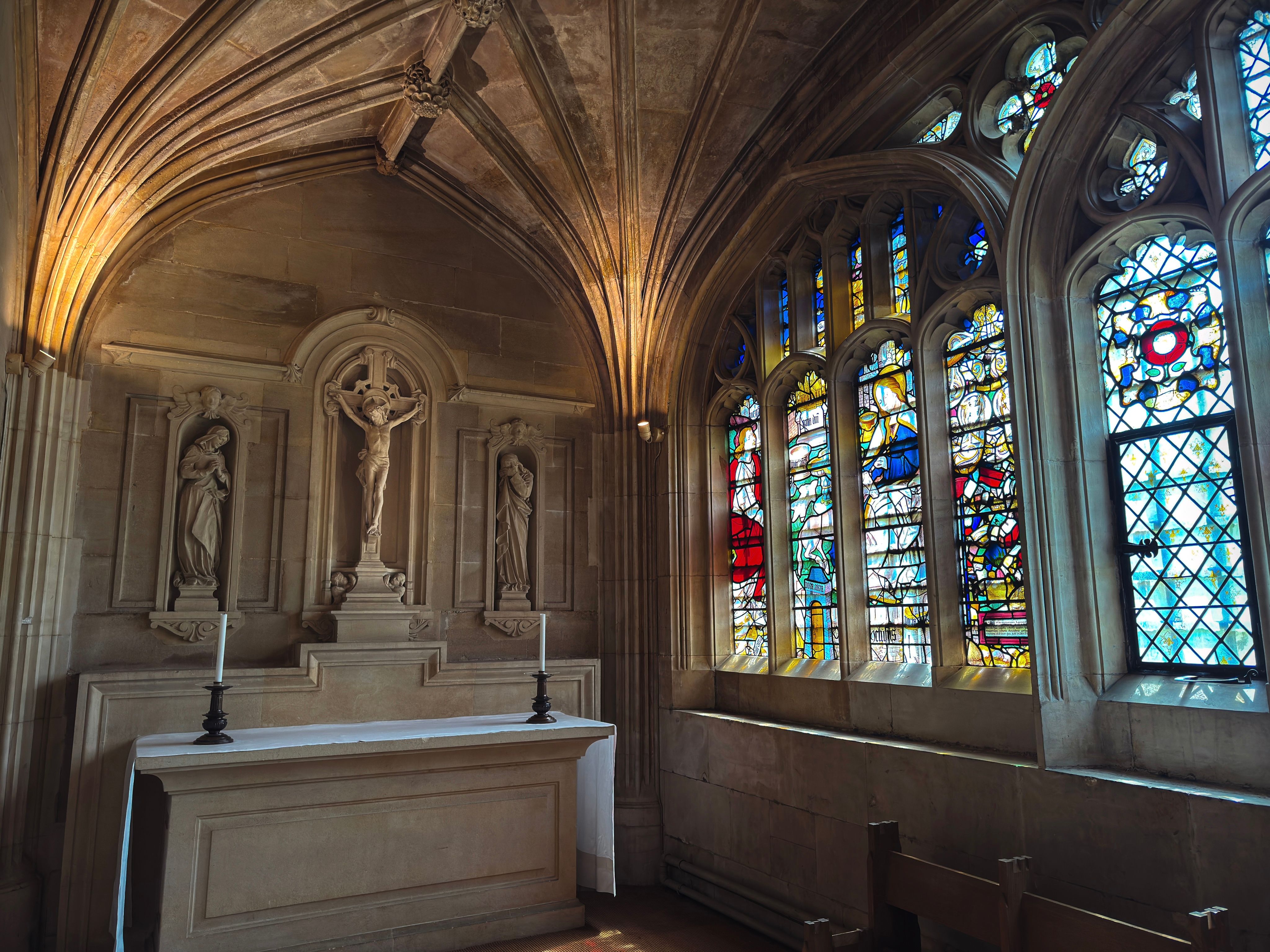 Stained Glass and Altar in Gothic Chapel · Free Stock Photo