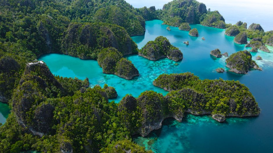 Breathtaking aerial view of the lush green Raja Ampat Islands surrounded by turquoise waters.