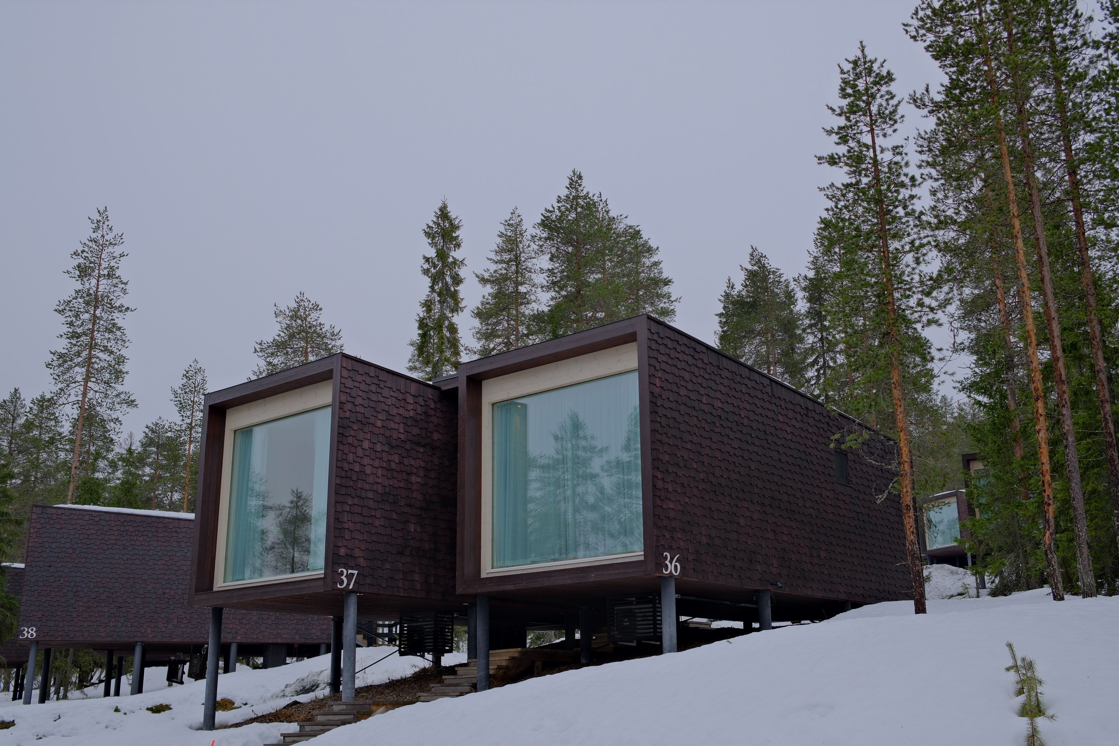 Contemporary cabins in a scenic snowy forest setting, ideal for winter getaways.