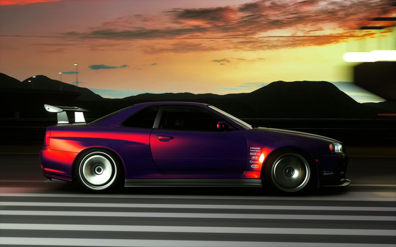 a sleek midnight purple sports car speeds on a highway in pippu hokkai