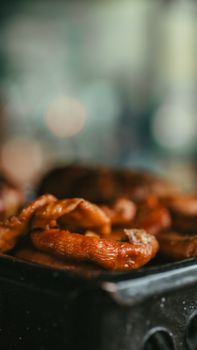 Close-up of delicious grilled meat at a market in Uribelarrea, Argentina.