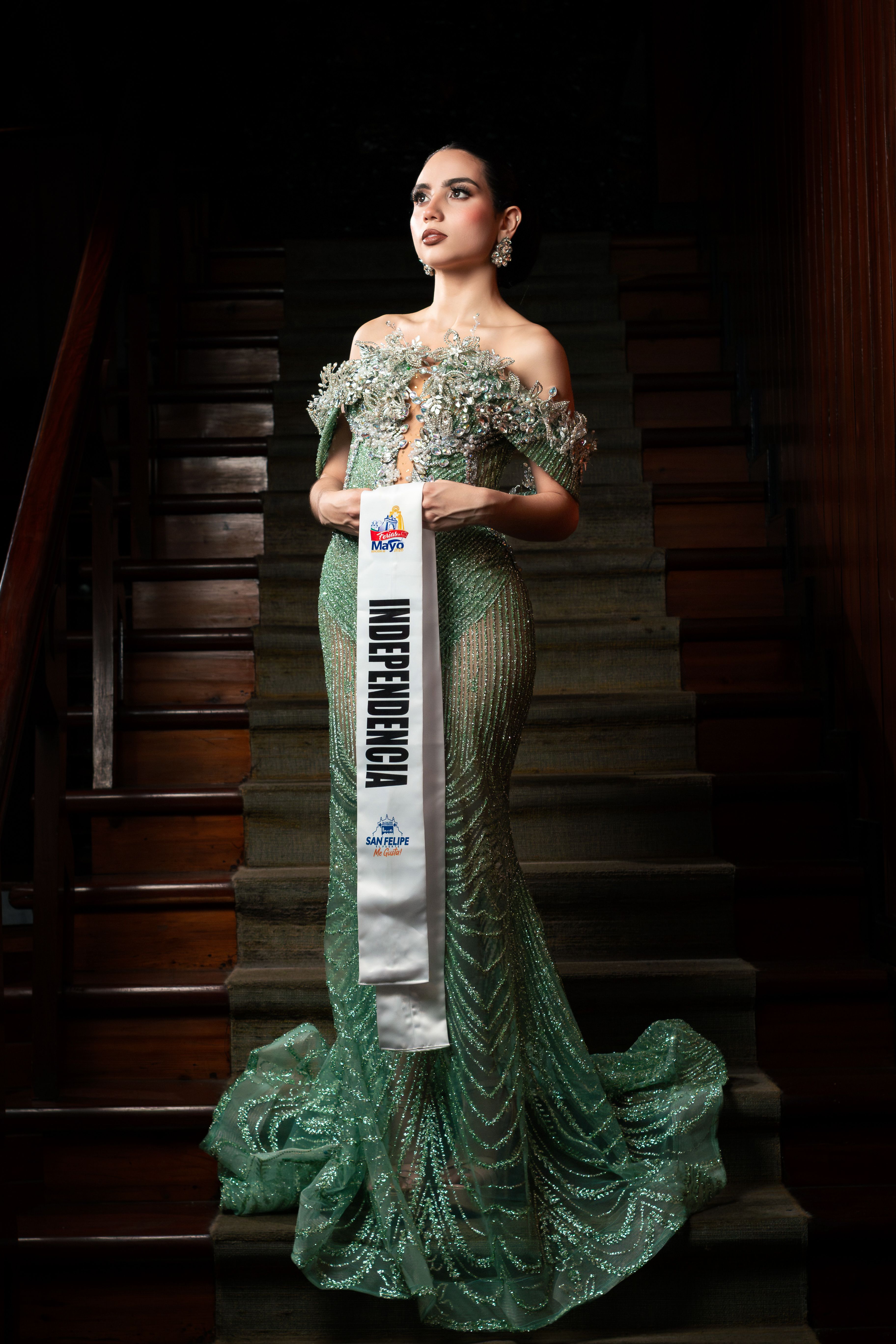 Woman in glamorous gown posing on staircase with contest sash indoors.
