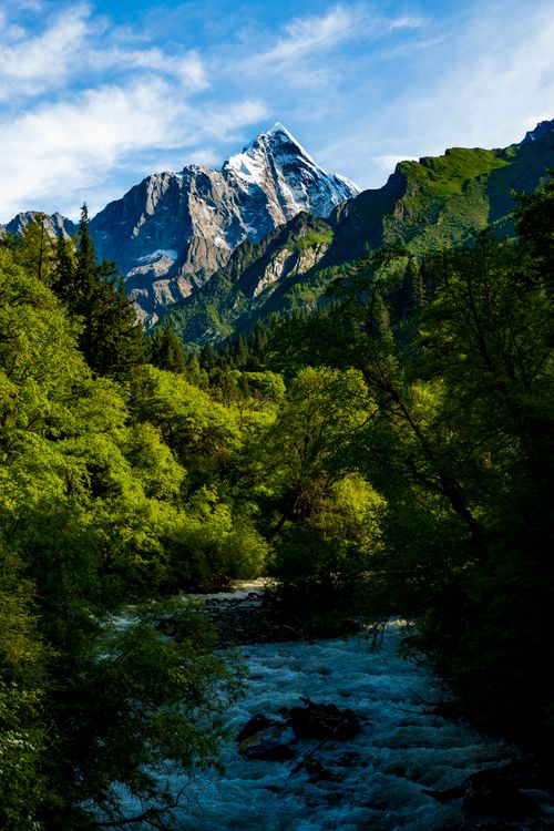Free Stunning view of a mountain peak and flowing river in lush green forest setting. Stock Photo