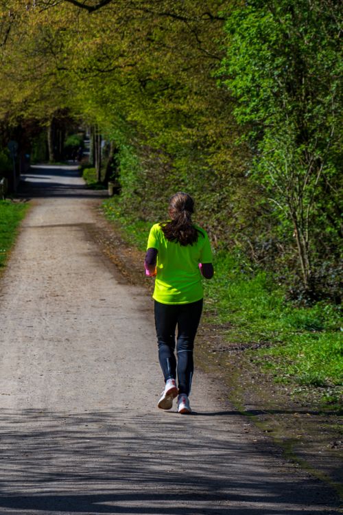 Free A woman jogging alone on a tree-lined path in spring, highlighting outdoor fitness. Stock Photo