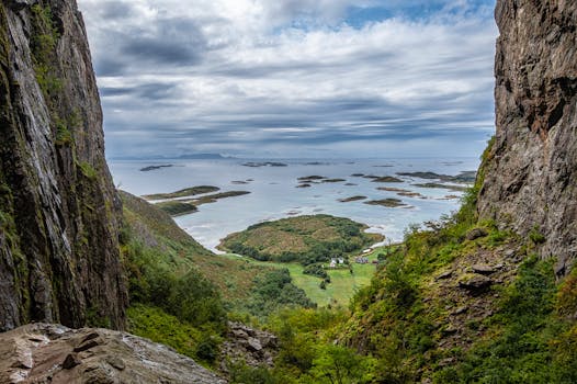 Breathtaking view of a tranquil fjord from a rocky cliff in Norway with lush greenery.