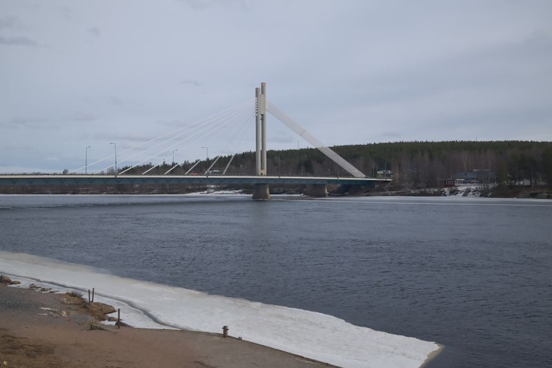 Cable-stayed bridge over the Kemijoki River in winter, Rovaniemi