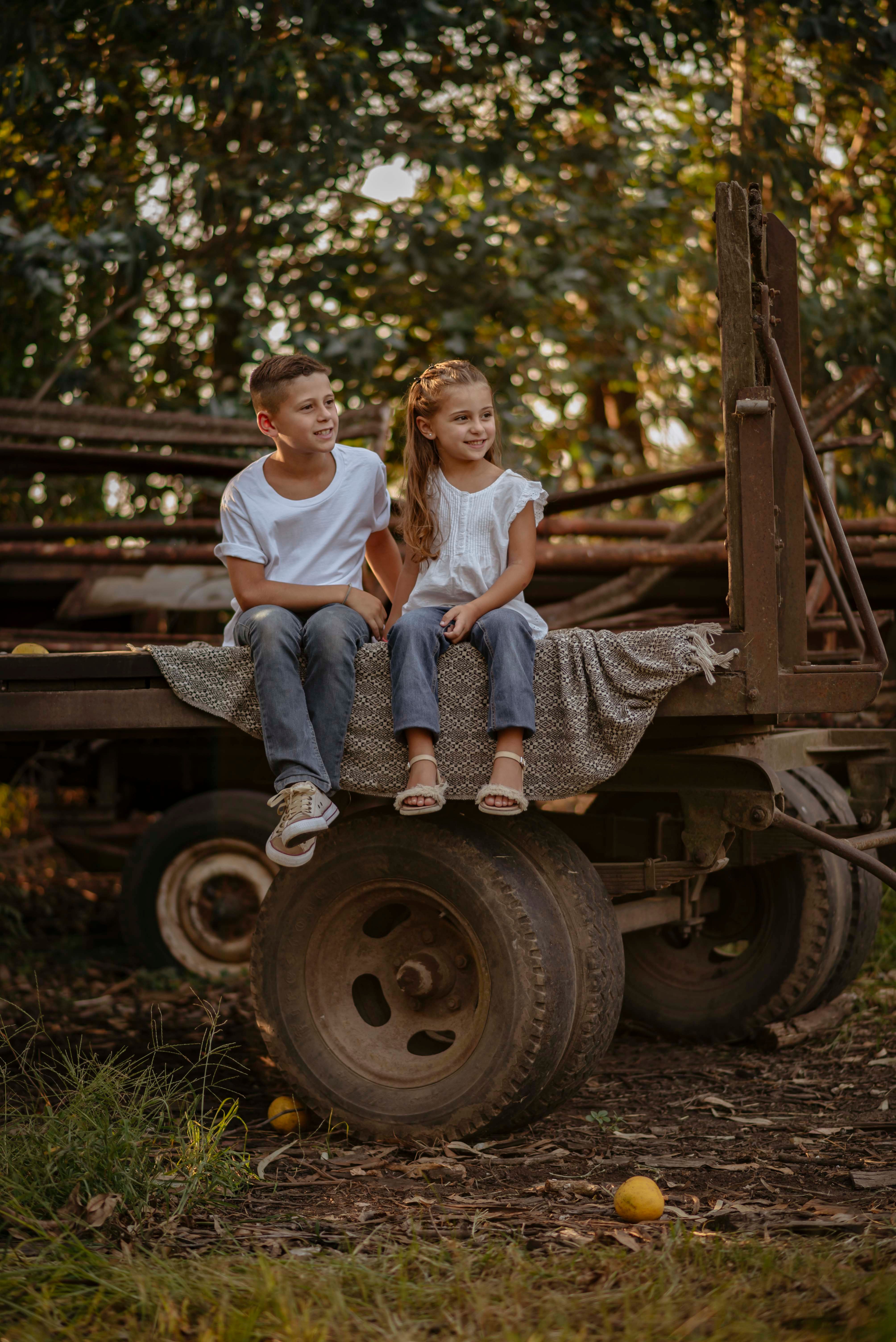 Children Sitting on Rustic Cart in Forest · Free Stock Photo