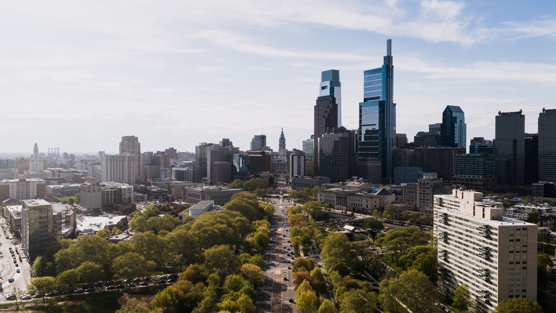 Aerial view down the tree-lined Benjamin Franklin Parkway toward City Hall