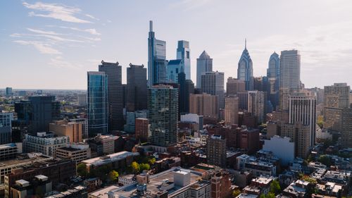 Free High angle view of Philadelphia's modern skyline with clear blue skies. Stock Photo