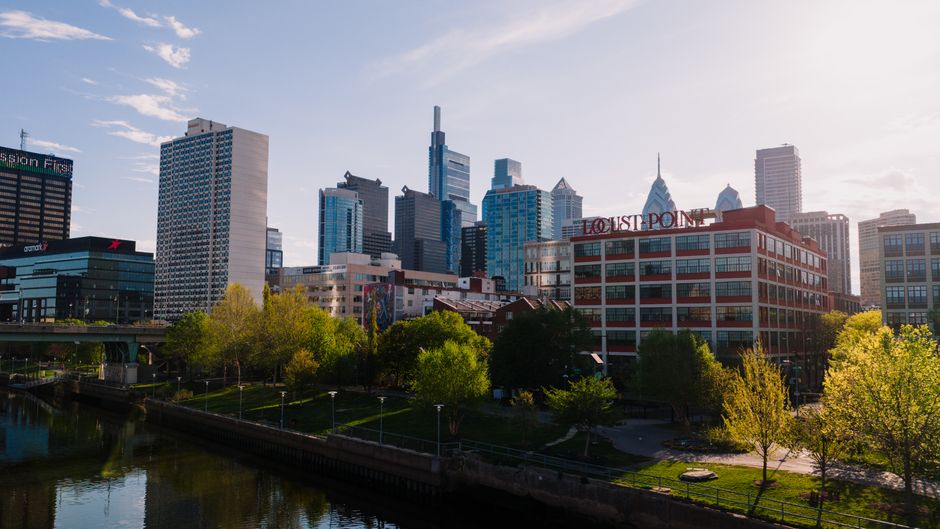 Philadelphia skyline with historic architecture and modern homes
