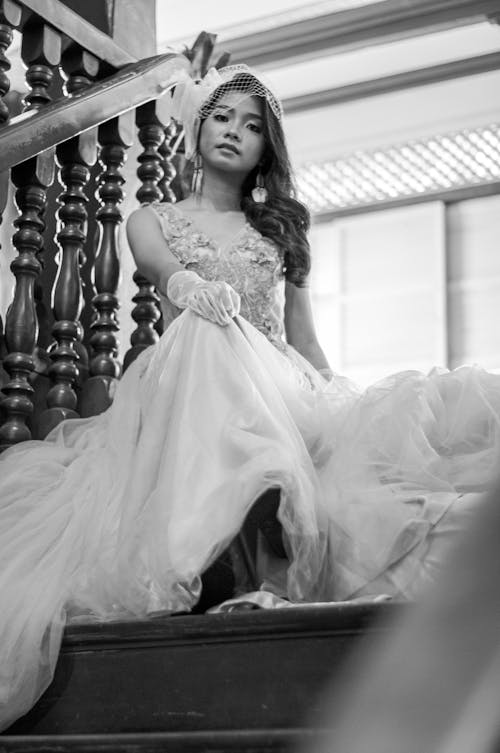 Grayscale Photo of Woman in White Floral Wedding Dress