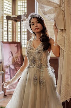 在自然光线下，优雅的新娘穿着复古婚纱在室内拍摄