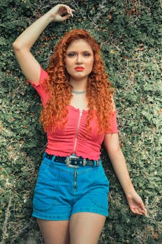 Portrait of a redhead woman posing against a lush green backdrop, exuding confidence and style.