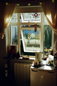 Daylight streaming through a kitchen window, curtains gently framing the scene.