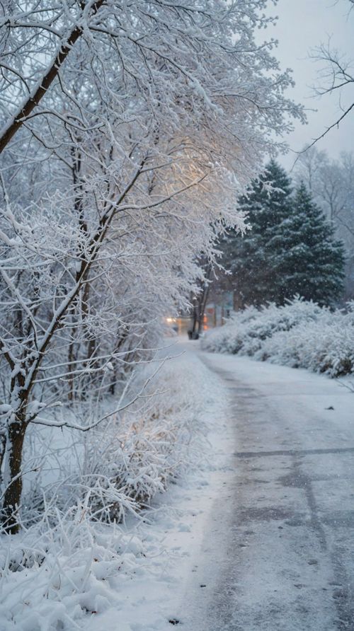 Free Peaceful winter scene with snow-covered trees and path during twilight, creating a serene atmosphere. Stock Photo