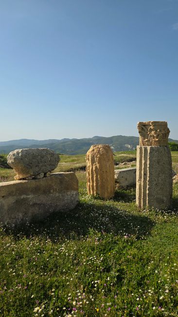 Fotomural Antiguas ruinas de piedra en un campo de hierba con montañas al fondo bajo un cielo azul despejado.