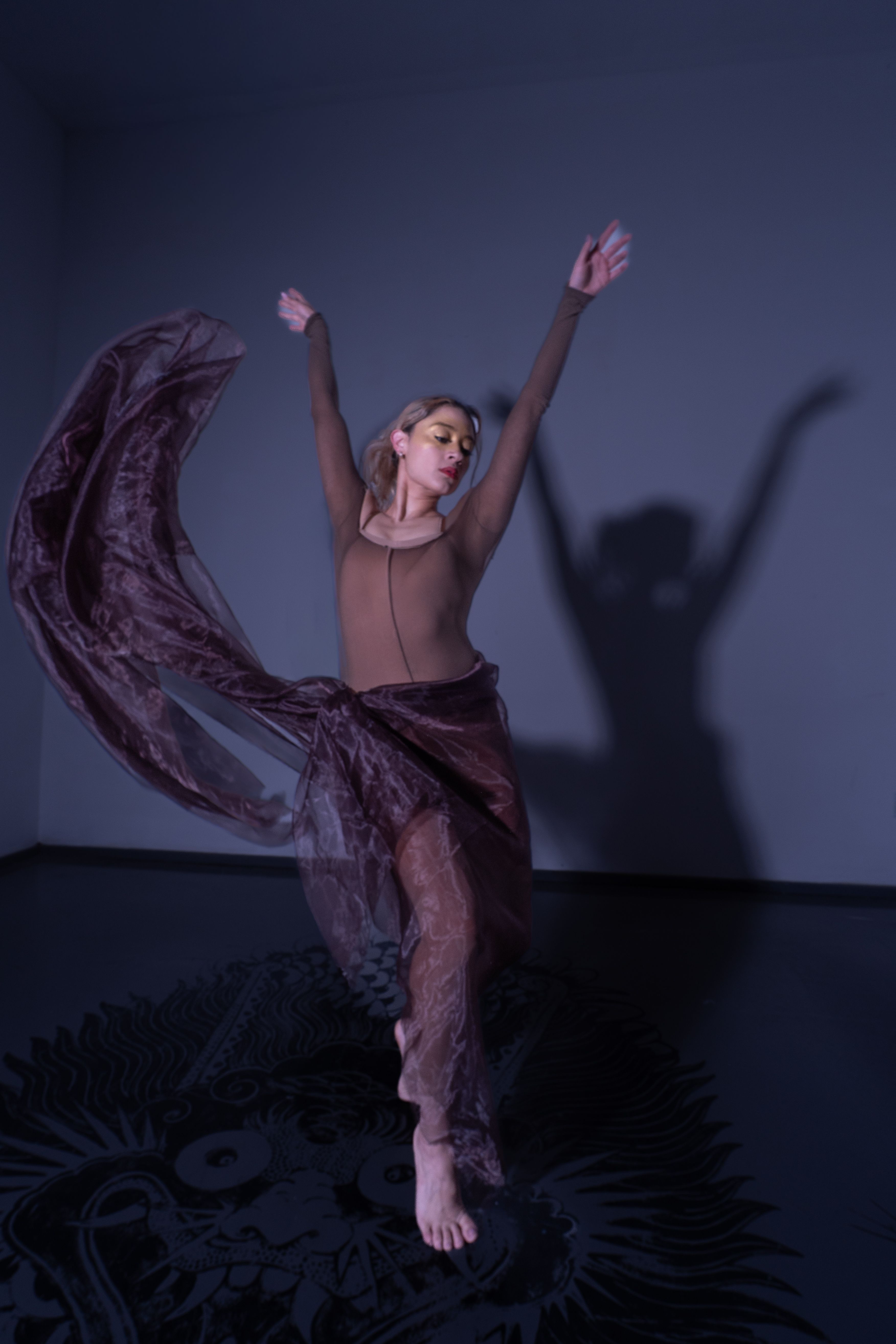 Artistic dance performance captured with graceful movement in flowing attire, creating dynamic motion.